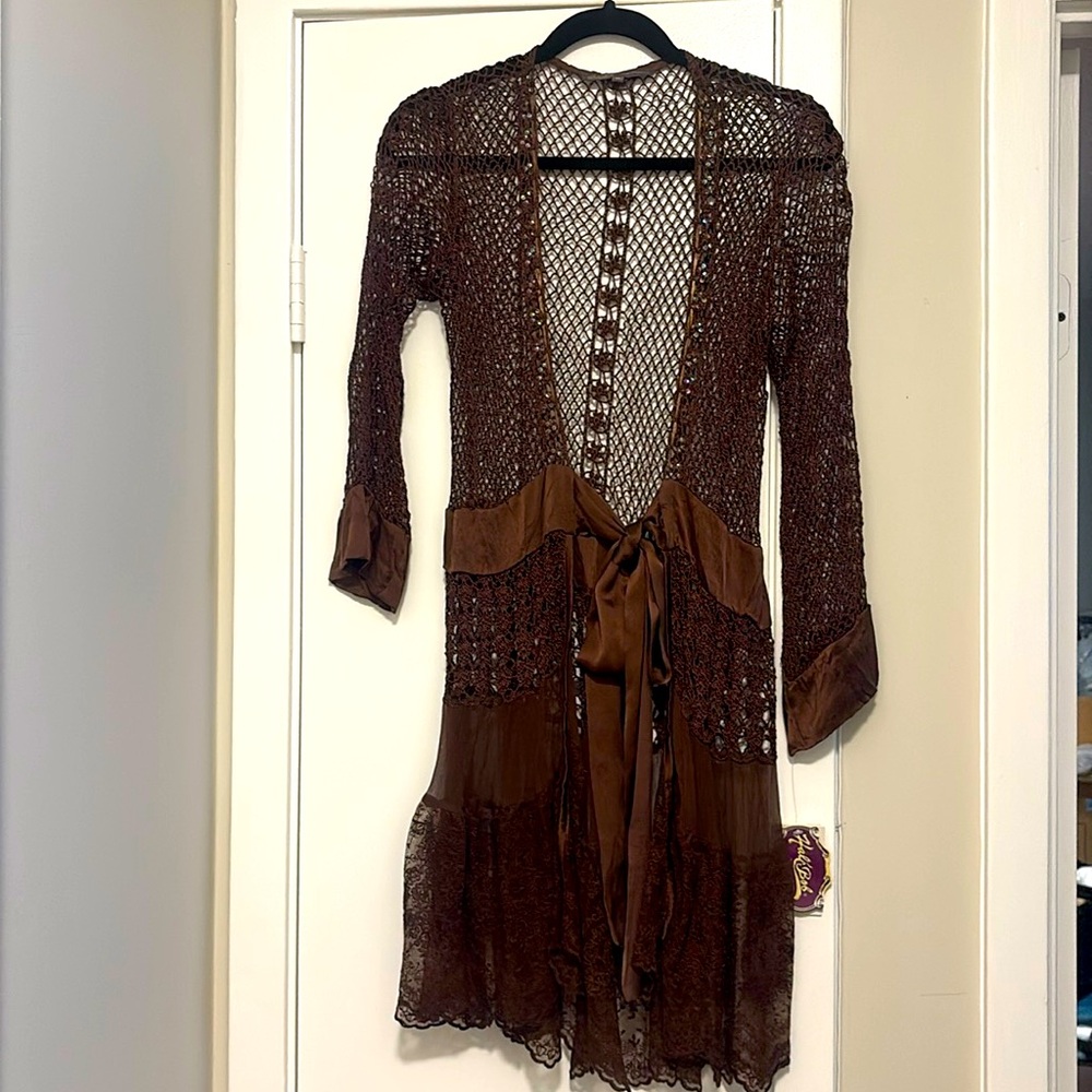 HANDMADE NWT Crocheted Brown Lace Cardigan with Tie ($196)